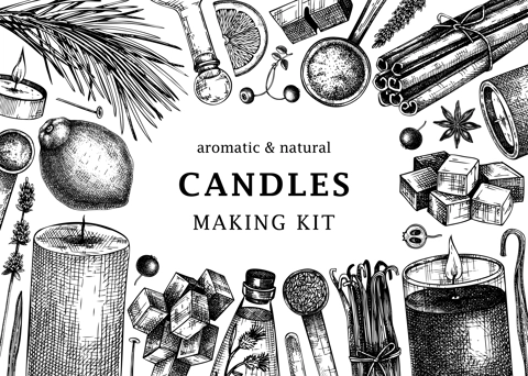 Hand sketched candles ingredients banner. Vintage candles, herbs, wax, fruits, spices, skewers hand drawings background. Perfect for aromatherapy, hobby, handcrafts, candle making.
